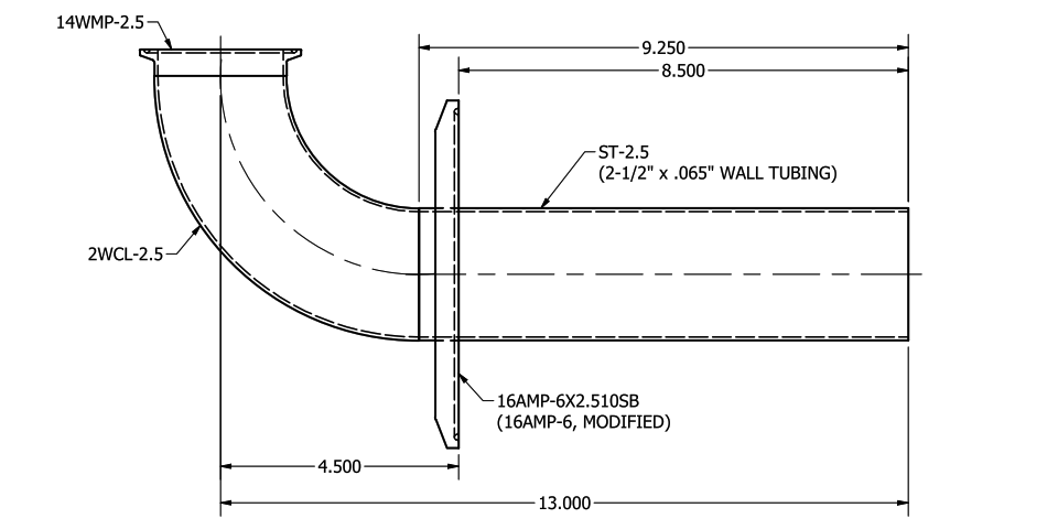 Drawing of a 2-1/2 inch clamp by weld dip tube assembly with a 6 inch clamp cap