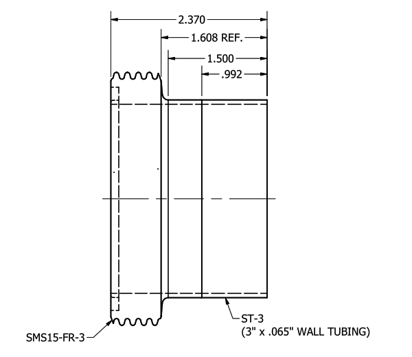 Drawing of a 3 inch SMS threaded ferrule with an extended tangent