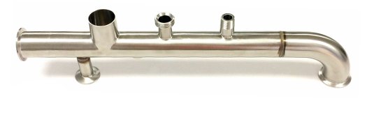 Custom stainless manifold with clamp ports and a 90° elbow